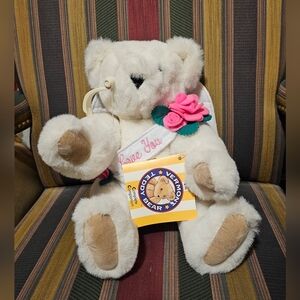 16" Vermont Jointed Teddy Bear with Pink Rose & Cupid Bow. Handmade In Vermont